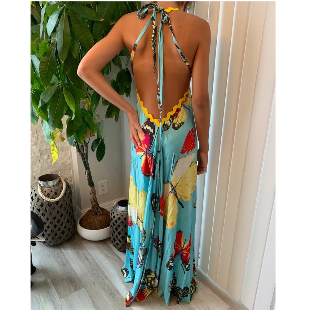 Backless Maxi Dress with Butterfly Print - Turquoise